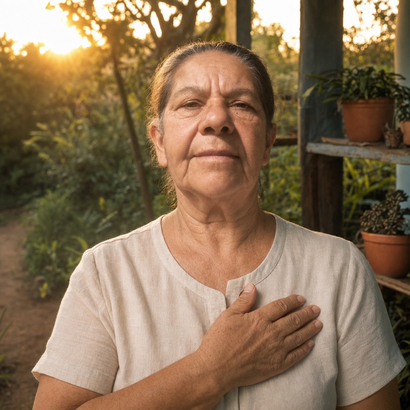 Selira Oliveira, mão no peito, em retrato caloroso de despedida ao pôr do sol