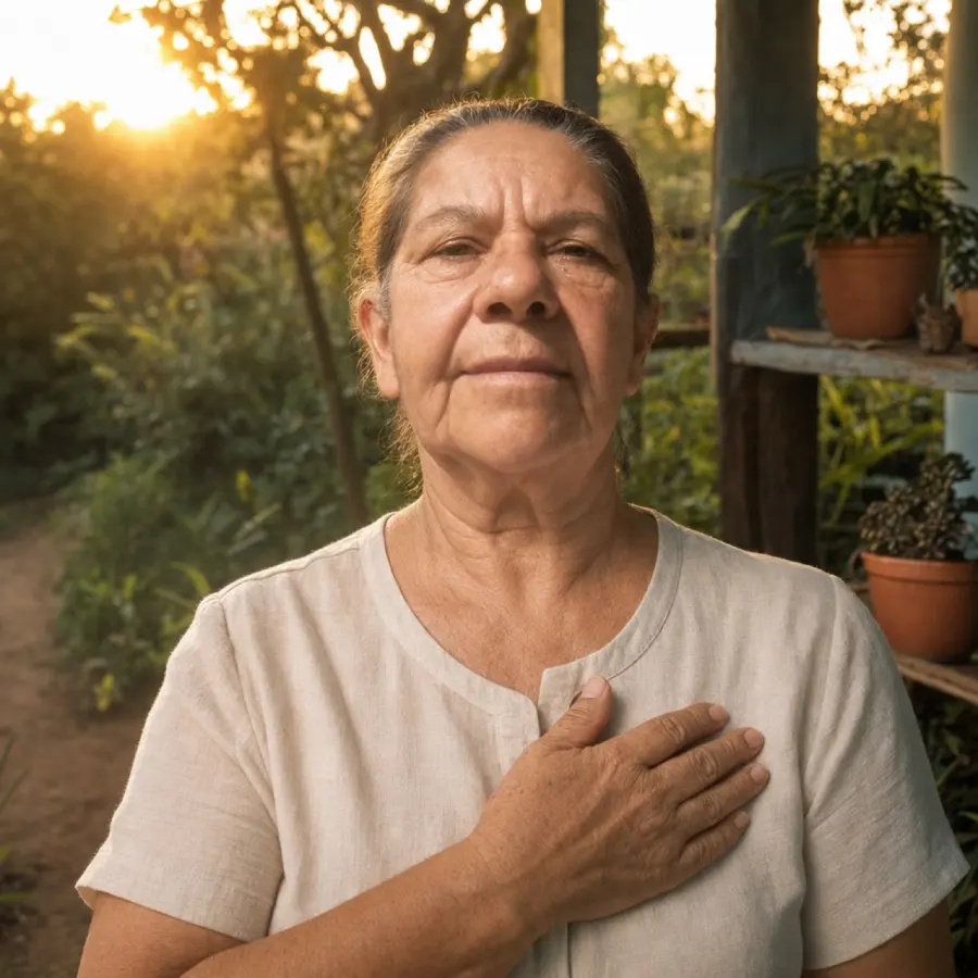 Selira Oliveira, mão no peito, em retrato caloroso de despedida ao pôr do sol