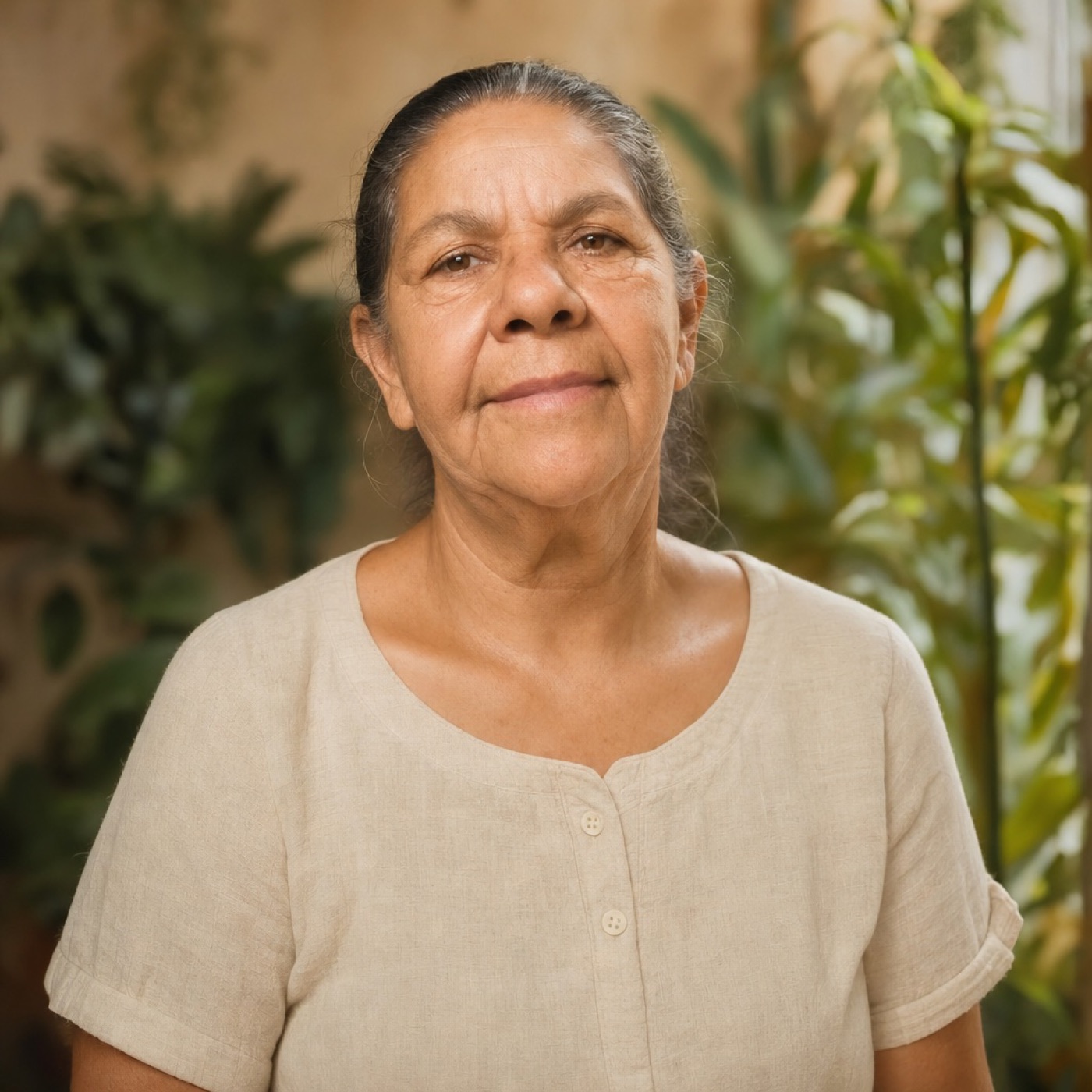 Retrato de Selira Oliveira, naturopata, no sítio em meio às plantas